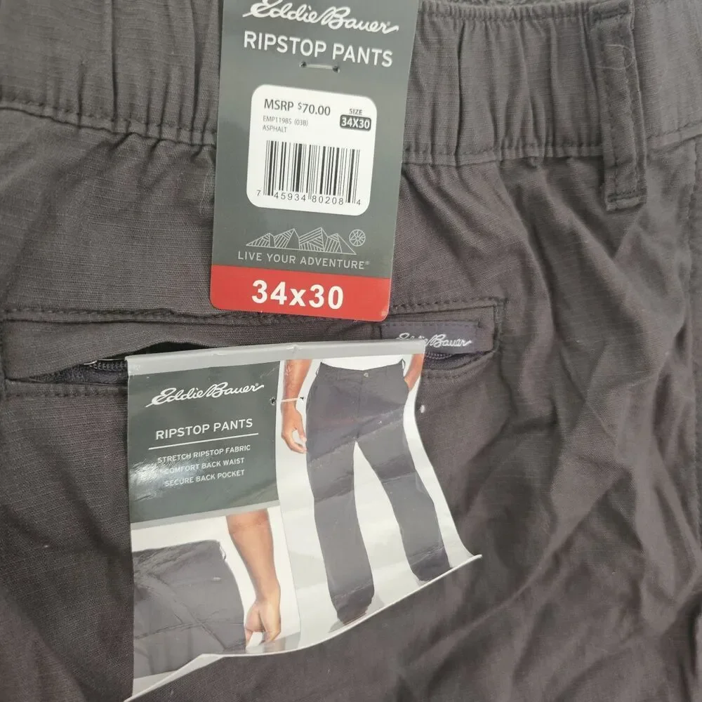 Eddie Bauer Ripstop Pants Men's 34x30 Asphalt Gray Stretch Hiking Outdoor NWT